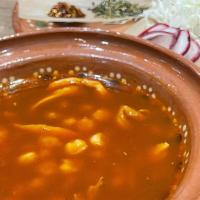 Pozole ROJO · Braised Chicken/ Guajillo Broth/ Homini/ Cabbage/Onions/ Radishes GF