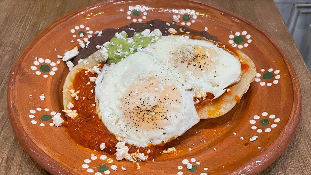 Huevos Rancheros · Hand made Tortillas/ Fried eggs/ Tomato sauce/ Green Salsa/ Avocados / Queso Fresco GF