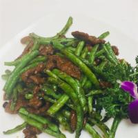 Beef with String Beans · Sliced beef stir-fried with string beans in black bean sauce.