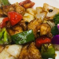 Fish Filets with Black Bean Sauce · Fish filets stir-fried with bell pepper, onion in a black bean sauce.