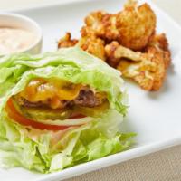 GF Lettuce Wrapped Burger · Lettuce wrapped fresh grilled seasoned beef patty, cheddar, tomato, onion and pickles. Serve...