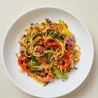 GF Mushroom Marinara Zoodle (V) · Pan roasted zucchini noodles served with homemade tomato sauce, grilled mushrooms, rainbow b...