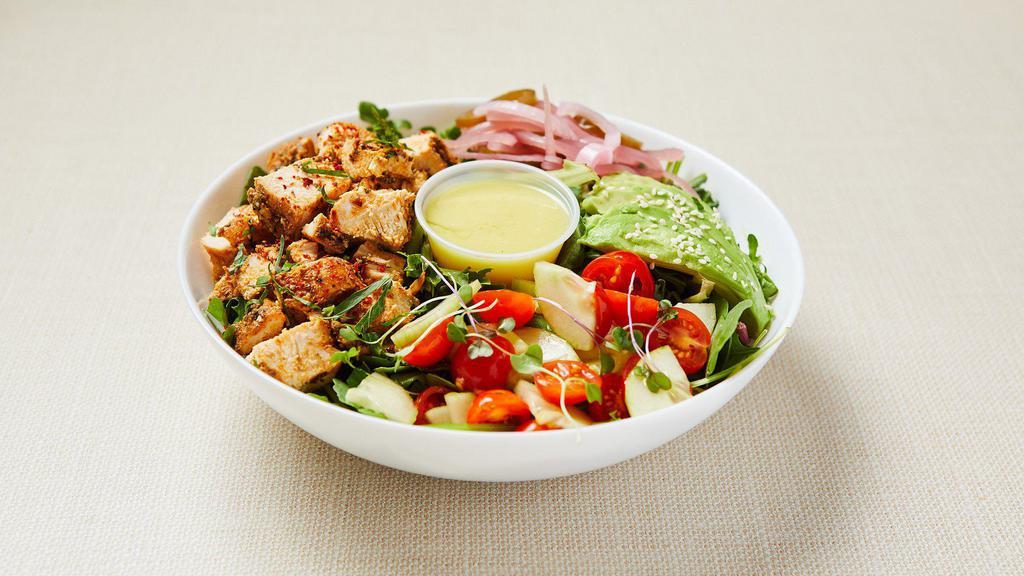 GF Chicken Salad · Mixed green salad (arugula, spinach, lettuce) served with seasoned chicken bites, grape tomato, cucumber, parsley, avocado, pickled red onion and lemon-mustard vinaigrette. Gluten-free. Dairy-free.