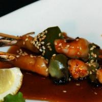 Shrimp Kushiyaki · 2 pieces skewered shrimp with vegetables.
