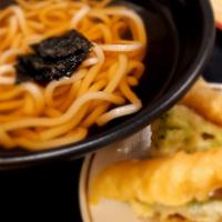 Tempura Udon · Noodle soup with shrimp tempura.