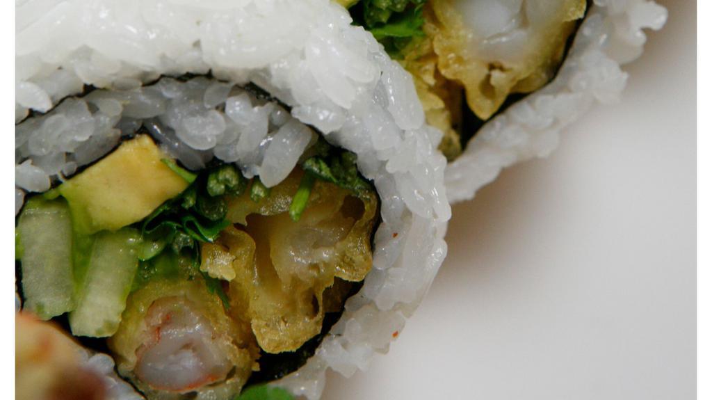 3. New Mexican Roll · Shrimp tempura, crab meat, avocado, cucumber, and cilantro with spicy sauce.