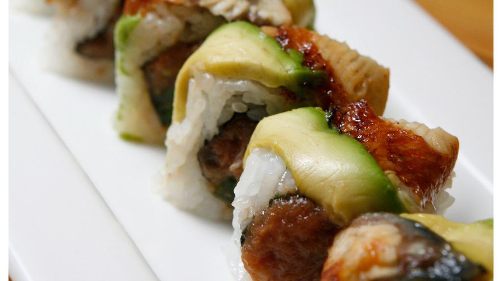 1. 49er's Roll · Spicy tuna, cucumber,  jalapeño topped with eel and avocado.