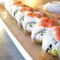 3. Snow White Roll · Cream cheese, crab meat, cucumber, avocado roll topped with cooked shrimp.