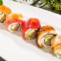5. Under the Sea Roll · Yellow tail and avocado roll topped with tuna, salmon, unagi, and tobiko.