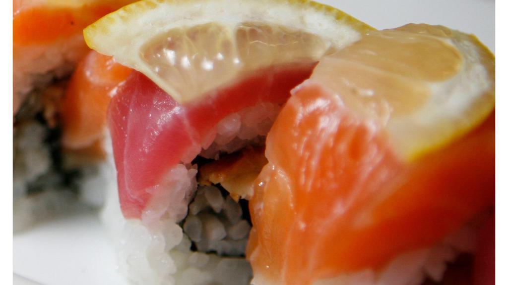3. Sunset Roll · Unagi roll topped with tuna, salmon, and slices of lemon.