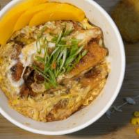Chicken Katsu Don · Rice, house make soup onion fried chicken , ontama (soft-poached egg), scallion,top kizami n...