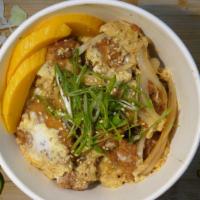 Kara-Age Don · Rice,   house make soup onion Kara-age , ontama (soft-poached egg), scallion,top kizami nori...