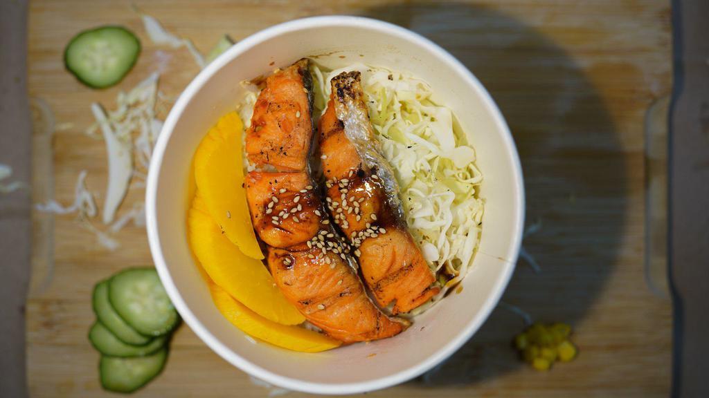 Teriyaki salmon  rice  · Grilled salmon fillet w/teriyaki sauce over rice, pickle radish