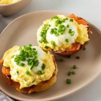 Fried Steak Benedict · Breaded steak with roasted Anaheim pepper, two poached eggs on English muffin and Hollandais...