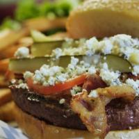Black and Blu · Grass-fed beef with crumbled blue cheese, house rub, bacon, lettuce, tomatoes, pickles, and ...