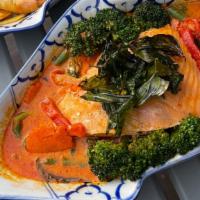 Salmon in Red Curry · Salmon with broccoli, green bean, bell pepper, and basil in coconut red curry. 
Order not co...
