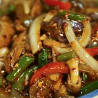 Eggplant · Sautéed eggplant with onion, mushroom, green bean, bell pepper, and sweet basil leaves in sp...