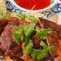 BBQ Chicken · Charbroiled BBQ meat marinated in Thai herbs. Served with sweet chili sauce. No rice.