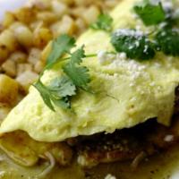 Chile Verde Omelette · Three free range eggs stuffed with spicy green pork chile verde. Choice of tortillas. Grille...