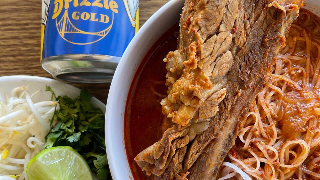 PhoBirria with Short Rib · Pho noodles topped with our Birria and a short rib. Served with sprouts, mint leaves, green onions and jalapenos.