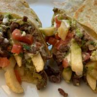 California Burrito · Carne asada or other choices of protein, french fries, jack cheese, guacamole, sour cream, p...