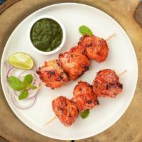 Hariyali Chicken Tikka Kebab Keeper · Boneless pieces of our chicken cubes marinated in a yoghurt and baked in a tandoor clay oven