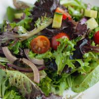Mixed Greens Garden Salad with Balsamic Vinaigrette · Cherry Tomatoes, Red Onion, Cucumbers with Balsamic Vinaigrette