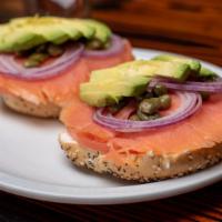 Lox Bagel · Smoked salmon, cream cheese, onion, tomato, and capers. Add avocado for an additional charge.