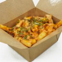 Foodee Monster Fries · Fries, Bacon Bits, Cheese Sauce, Parmesan Cheese, and Spicy Mayo