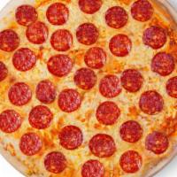 Pepperoni Pizza · Warm and cheesy personal sized pizza topped with fresh cut pepperoni.