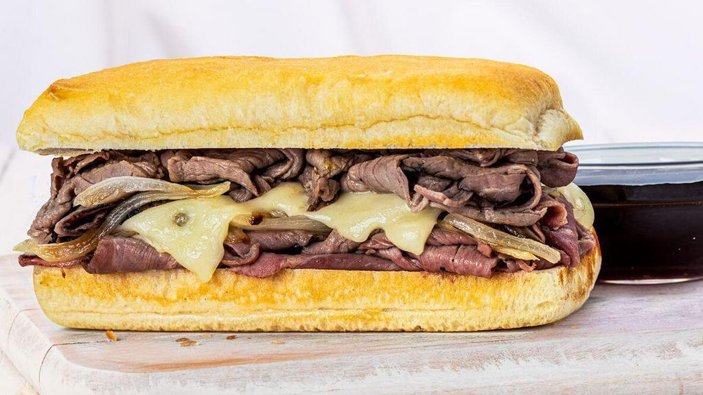 French Dip · Roast Beef, Grilled Onions, Swiss Cheese, Aju Sauce for dipping.