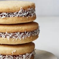 Caramel  Shortbread Cookies · Pack of 3 cookies filled with Dulce De Leche sandwiched in between two buttery crumbly cookies