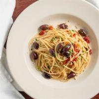 Spaghetti Aglio, Olio E Peperoncino · Vegetarian. Sautéed with garlic, red hot chili pepper, black olives, extra virgin olive oil ...