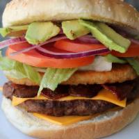 Deluxe Burger · Avocado, Turkey bacon, Eggs, Beef patty, cheese.