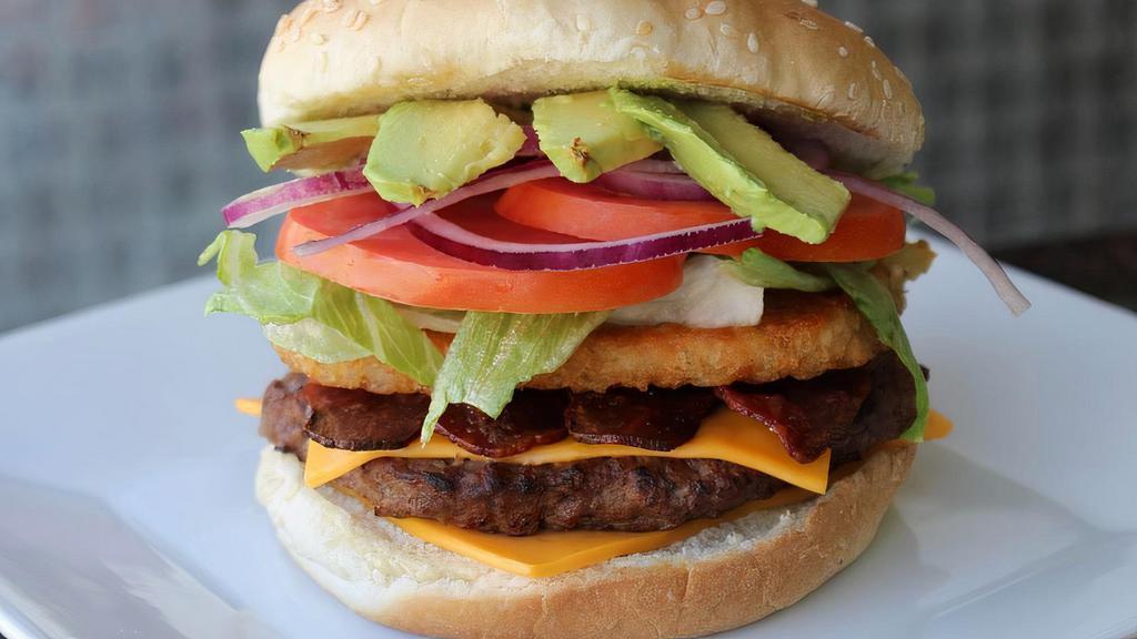 Deluxe Burger · Avocado, Turkey bacon, Eggs, Beef patty, cheese.