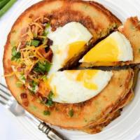 Green Onion Pancakes · 4 green onion pancakes, bacon, cheese and egg. Spicy.