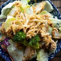 #10 Chicken Salad · Iceberg lettuce , Red cabbage, Carrot, Broccoli, Fried Wonton Skin and Chicken. *comes with ...