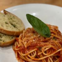 Spaghetti Pomodoro · Spaghetti with basil marinara sauce topped with parmesan.