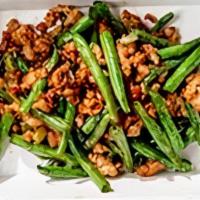 MINCED CHICKEN & GREEN BEANS · minced chicken and green bean stir fry - Sichuan pepper, ginger, garlic, scallions, tamari &...
