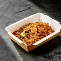 KIMCHI JAP CHAE · yam noodles, sesame,  mushrooms, kimchi, carrots, garlic chives, greens (vegan, gluten free)