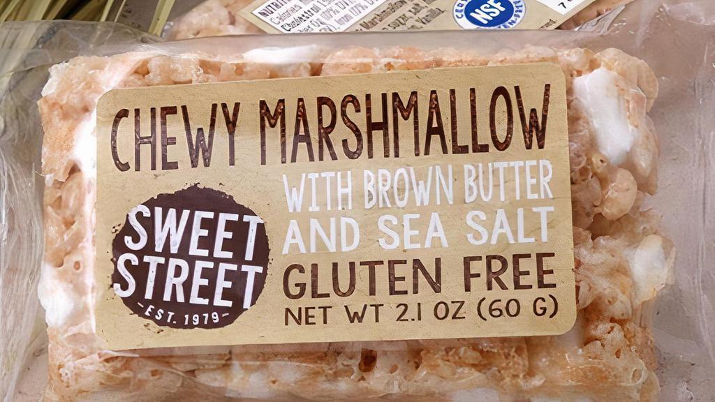 Sweet Street Chewy Marshmallow Rice Crispy Bar · Homemade marshmallow cream gets folded with gluten free crispy rice puffs and mini marshmallows. Just a touch of the butter gets browned, but enough to bring up a subtle caramel note. A hint of sea salt makes it all come alive.