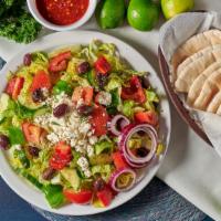 A1: Greek Salad · Vegetarian. Romaine lettuce, tomatoes, red onions, cucumbers, bell peppers, feta cheese, kal...