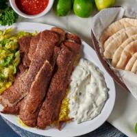 B12: Lamb & Beef Gyro Plate · Plate come with side of hummus, house salad, rice & pita bread.