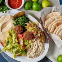 B1: Vegetarian Combo Plate · Hummus, tabboleh, cabbage, baba ganoush, house salad, two dolmas and two falafels.