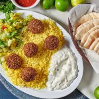 B11: Falafel Plate Plate · Plate come with side of hummus, house salad, rice & pita bread.