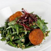 Plantain Crusted Goat Cheese Salad · baby spinach, arugula, toasted pepitas, aged sherry vinaigrette, finished with 2 rounds of c...