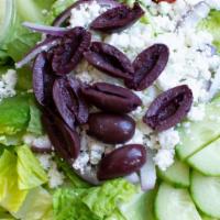 Greek Salad · Heart romaine, tomato, Kalamata olives, red onion, cucumber, feta cheese, olive oil and lemo...