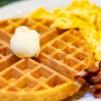  Delight Special · Choice of Belgian waffle, or pancake, 2 eggs and (2) bacon.