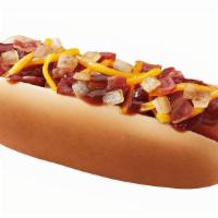 Texas BBQ Dog · A delicious hot dog in a fresh steamed bun topped with bacon, BBQ sauce, grilled onions and ...