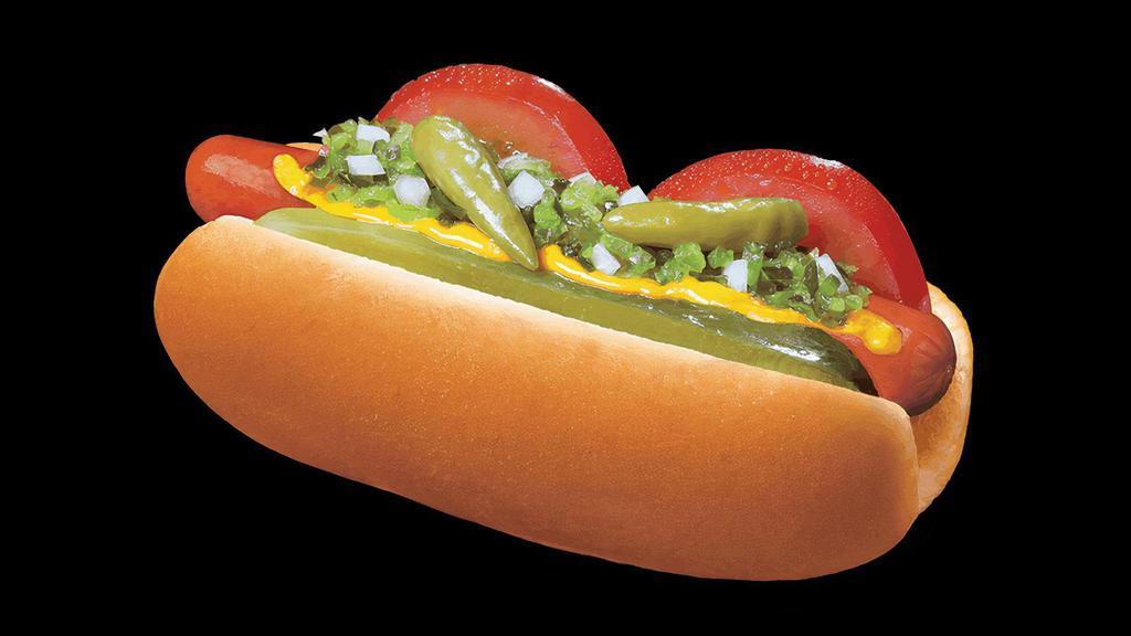 Chicago Dog · A delicous hot dog in a fresh, steamed bun topped with tomato, chopped onions, pickle spear, relish, sport peppers, yellow mustard and sprinkled with celery salt just like in Chicago!